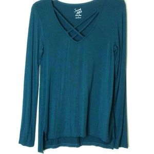Laced V-Neck Long Sleeve Top Teal Small